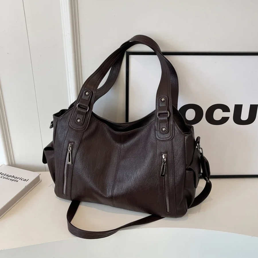 Borsa a spalla da donna con doppi manici e tracolla lunga - Tasche frontali con zip, ideale per tutti i giorni