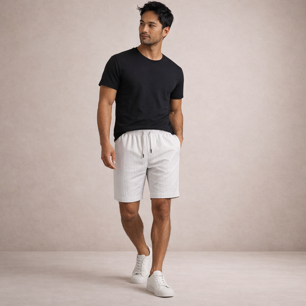 Pantaloni scurți de vară pentru bărbați din in, cu șnur, croială casual și lejeră