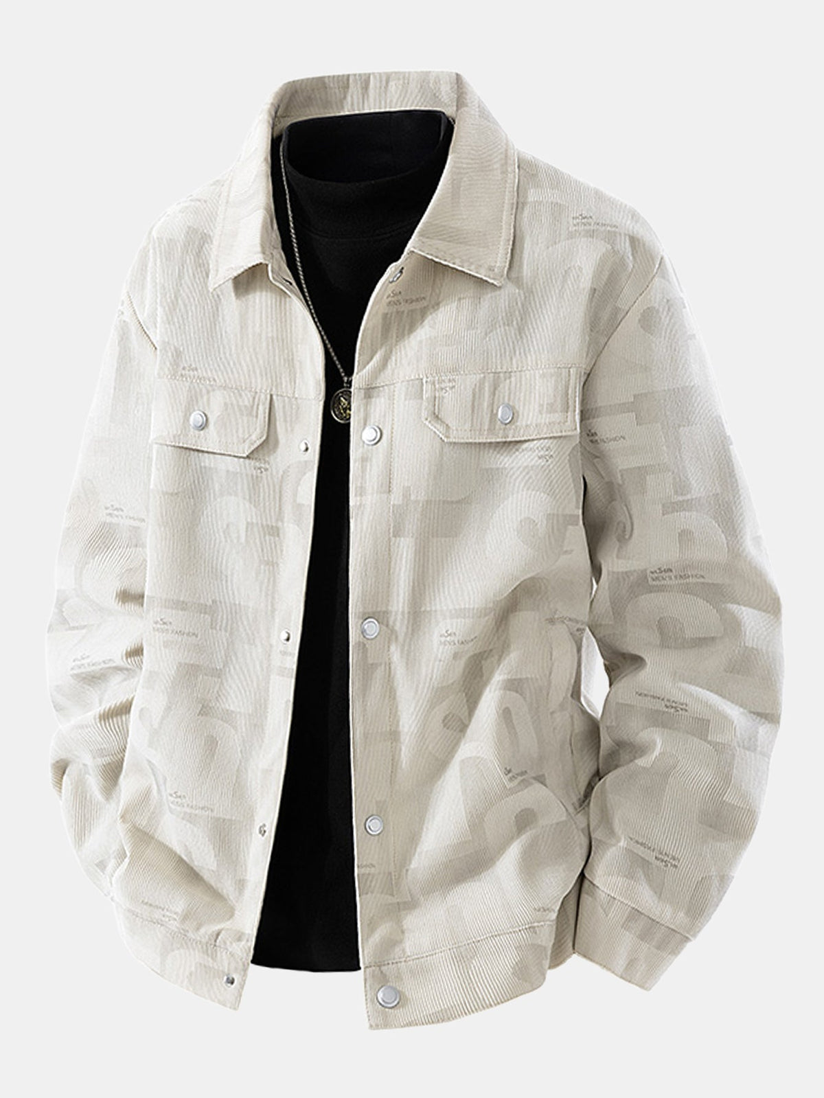 Bedruckte Cord-Truckerjacke für Herren mit Brusttaschen – Freize jacke mit normaler Passform und Knöpfen für den Herbst