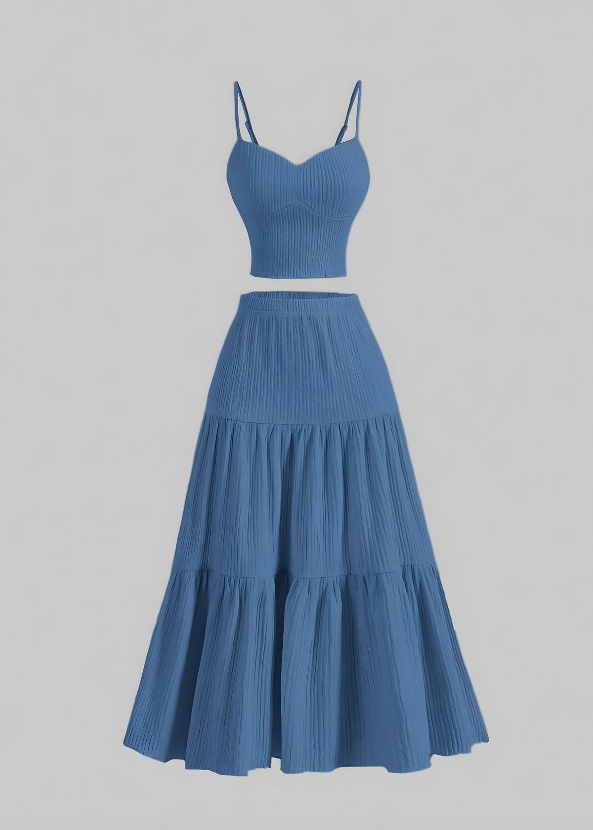 Tweedelige zomerset voor dames van structuurbreisel - aansluitende crop top met bandjes en gelaagde maxirok met hoge taille voor een casual vakantielook