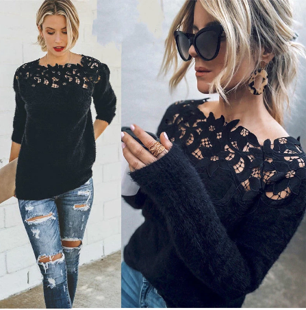 Pulover tricotat pentru femei cu detalii din dantelă, decolteu floral elegant, pulover moale și ușor