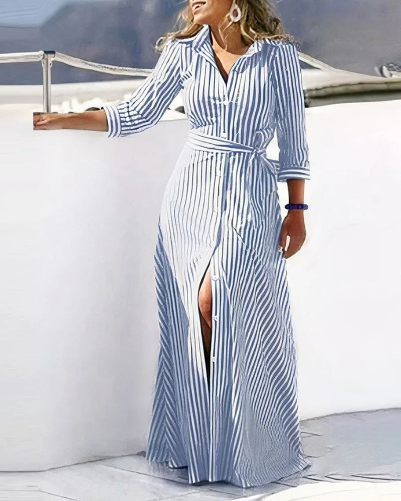 Vestido camisero estampado para mujer con cinturón, manga larga, largo midi