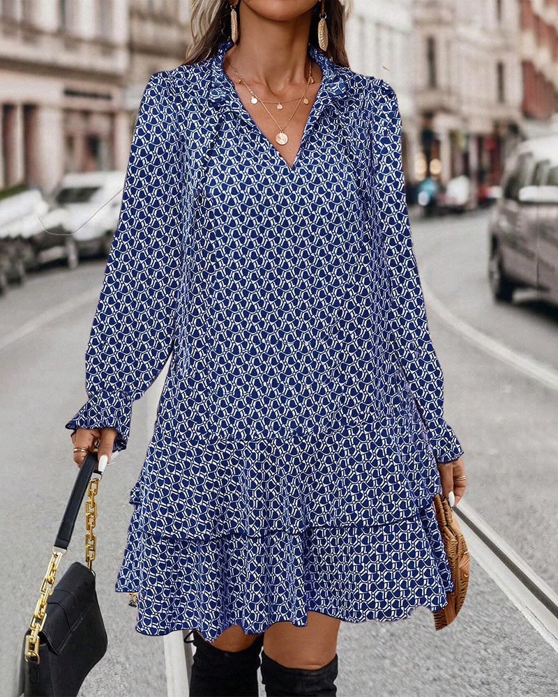 Women’s Printed Long-Sleeve Mini Dress – Relaxed Ruffled Style for Casual Autumn Days and Smart Social Occasions