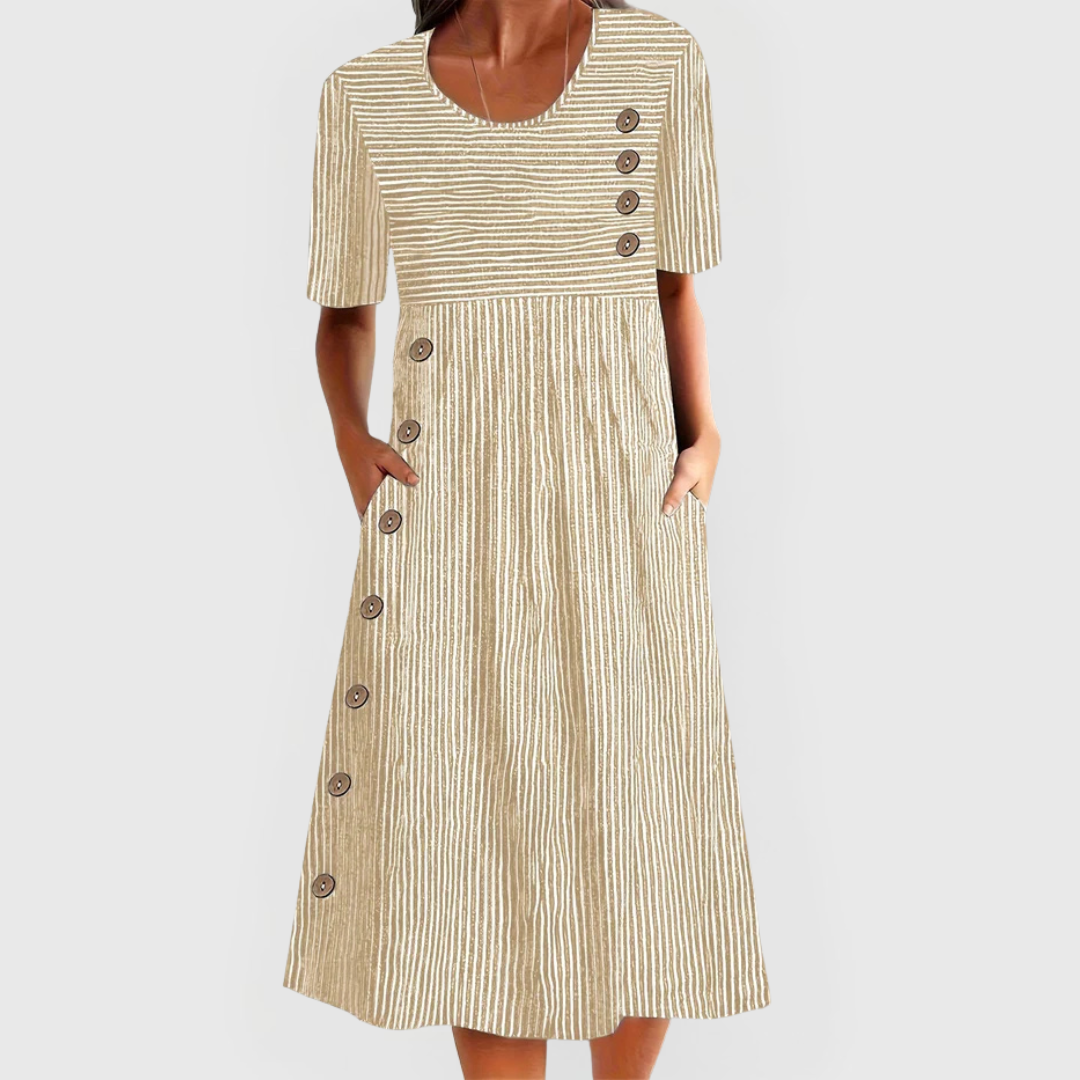 Women’s Cotton A-Line Midi Dress – Striped Summer Day Style with Pockets