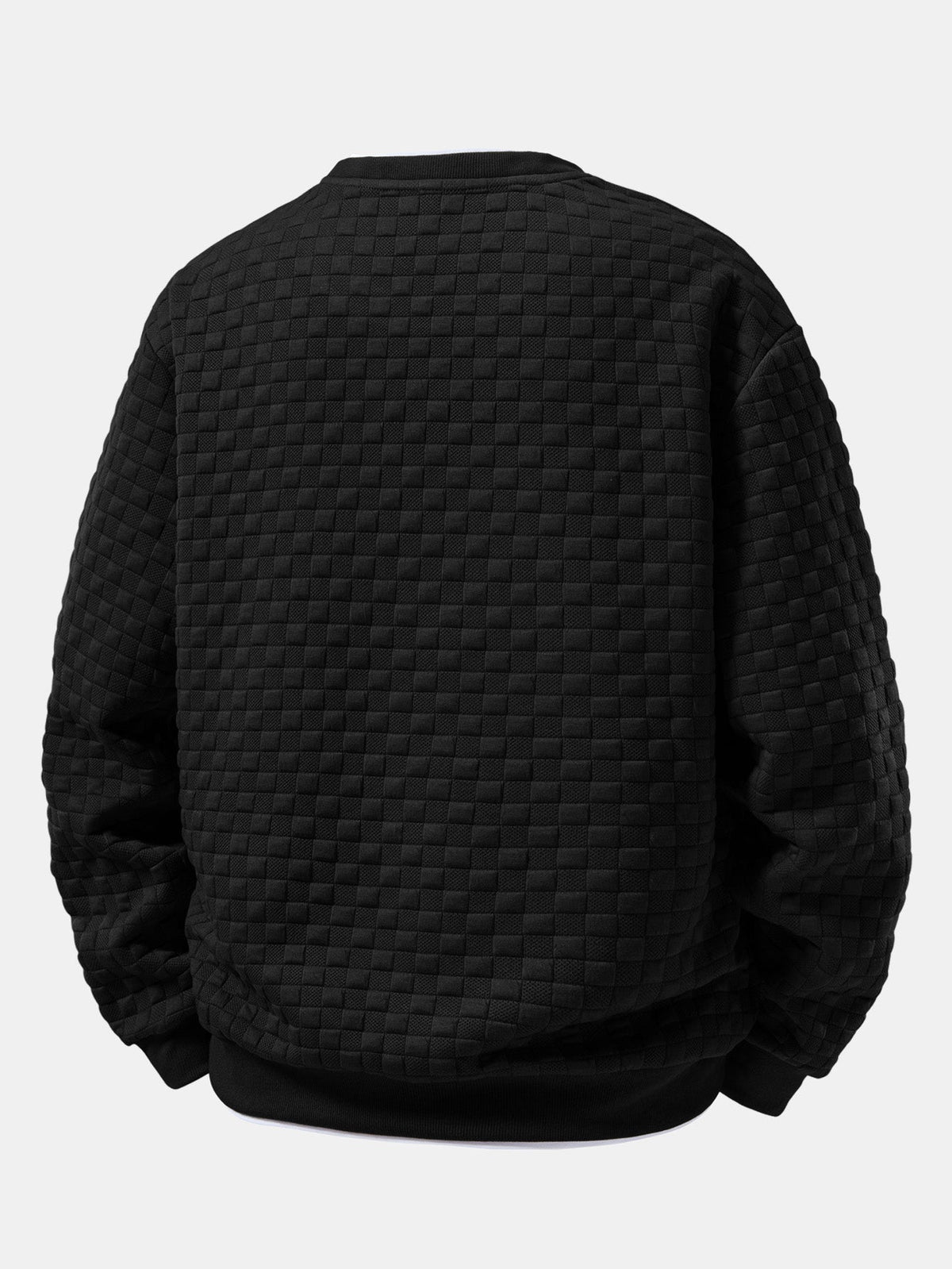 Sweatshirt til mænd i jacquard med hævet skakternet mønster – afslappet pasform, tekstureret rund hals, pullover med lagdelt halsudskæring og ribkanter