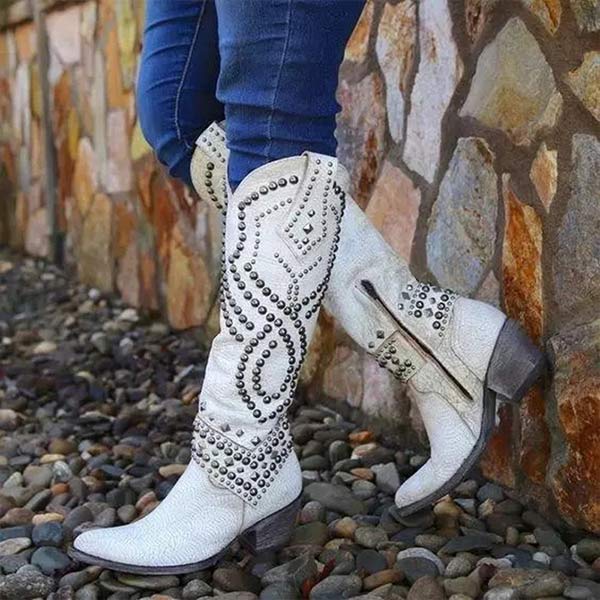 Women’s Studded Western Cowboy Boots – Statement Block Heel Festival Style