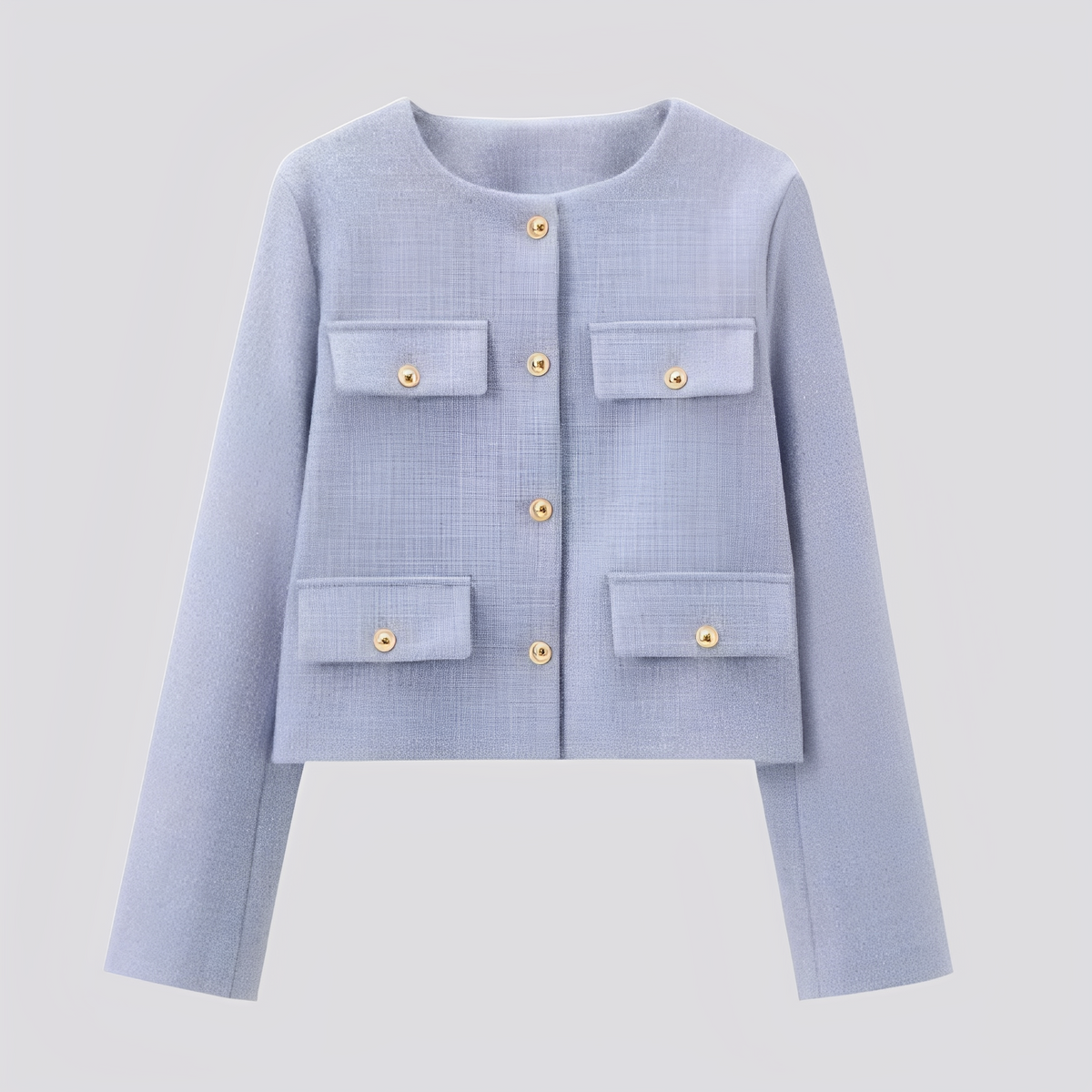 Kort damesjasje zonder kraag met decoratieve knopen en klepzakken - elegante getailleerde laag voor nette casual outfits