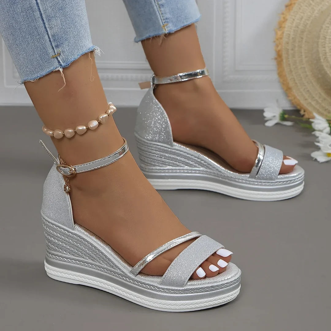 Women’s Glitter Platform Wedge Sandals – Ankle-Strap Shoes for Summer Events
