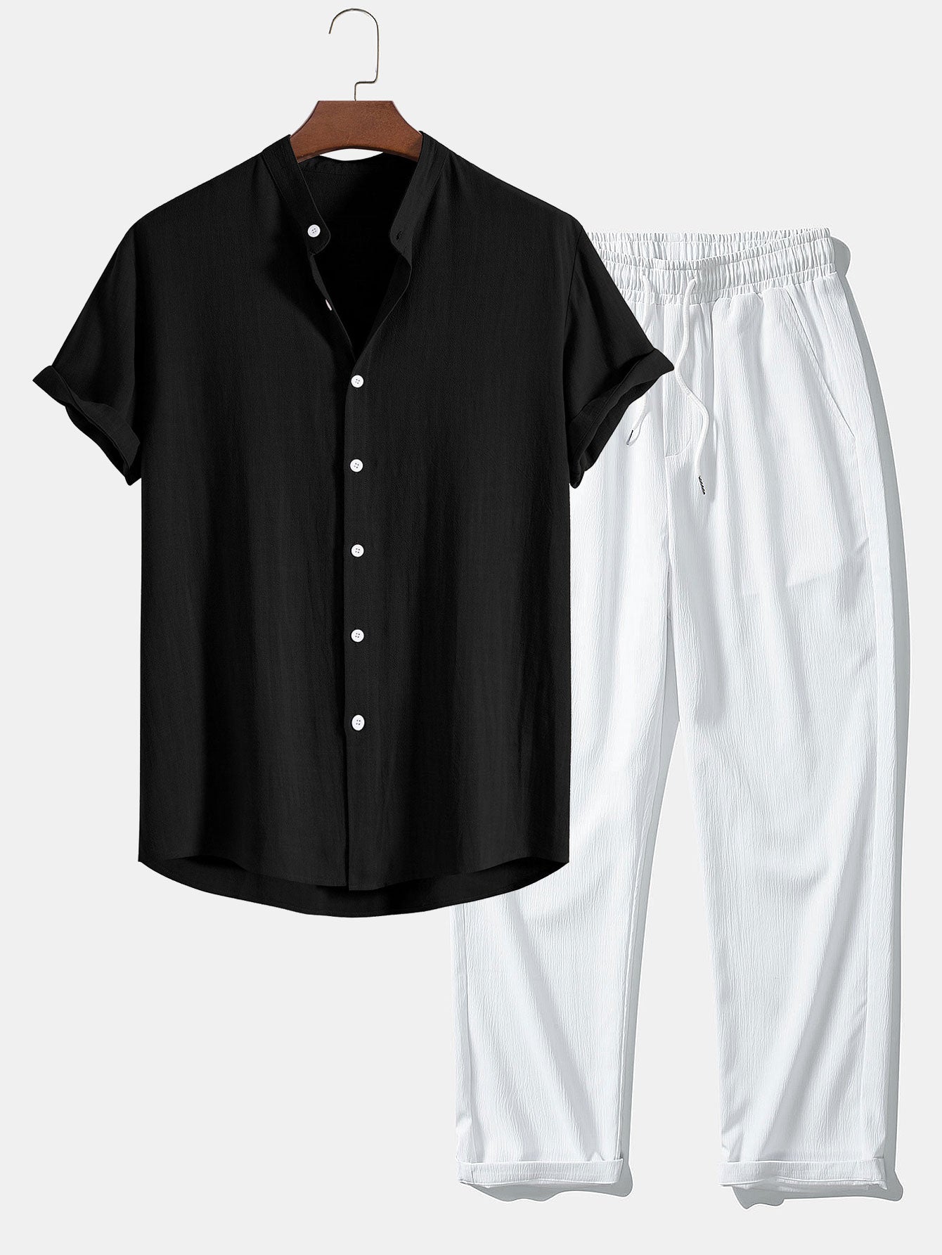 Men’s Linen Blend Summer Co-Ord – Stand Collar Shirt with Straight-Leg Trousers