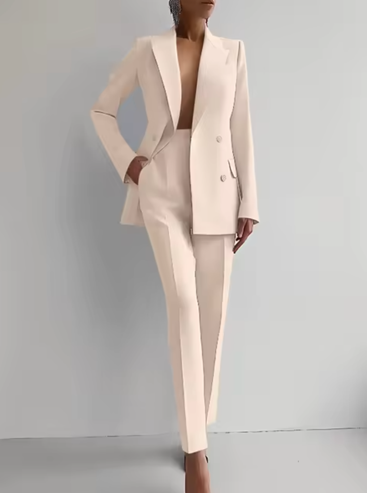 Fato feminino de duas peças com blazer e calças de corte elegante – Conjunto de negócios cintado, de abotoadura dupla, com calças de cintura subida para reuniões de trabalho e eventos formais