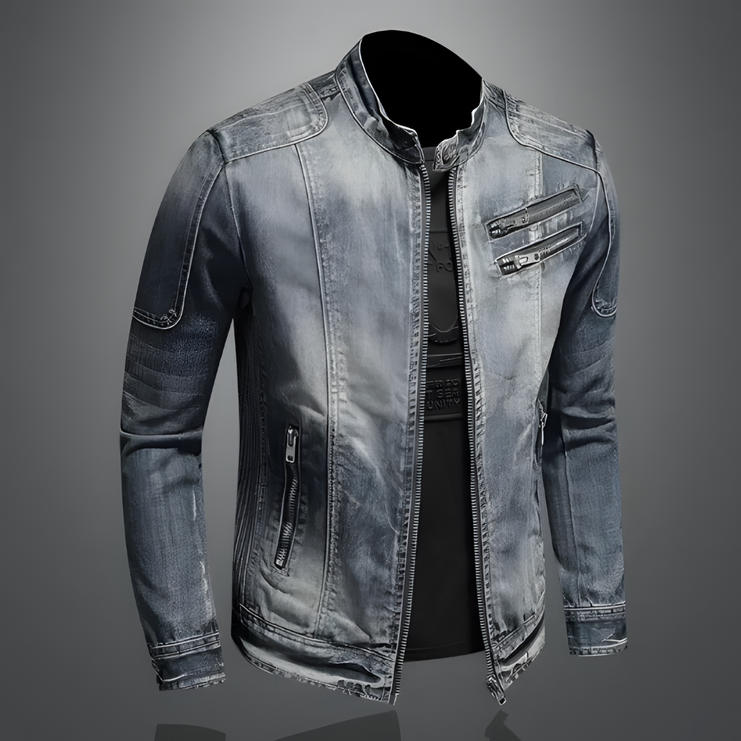 Giacca da motociclista vintage in denim da uomo – Strato effetto vissuto con chiusura frontale a cerniera, colletto rialzato e tasche con cerniere multiple