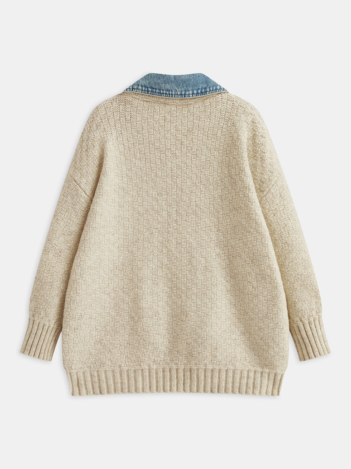 Oversized damesvest van textuurrijk breisel met denimpanelen en drukknopen - losvallende laag met lange mouwen voor herfst en winter