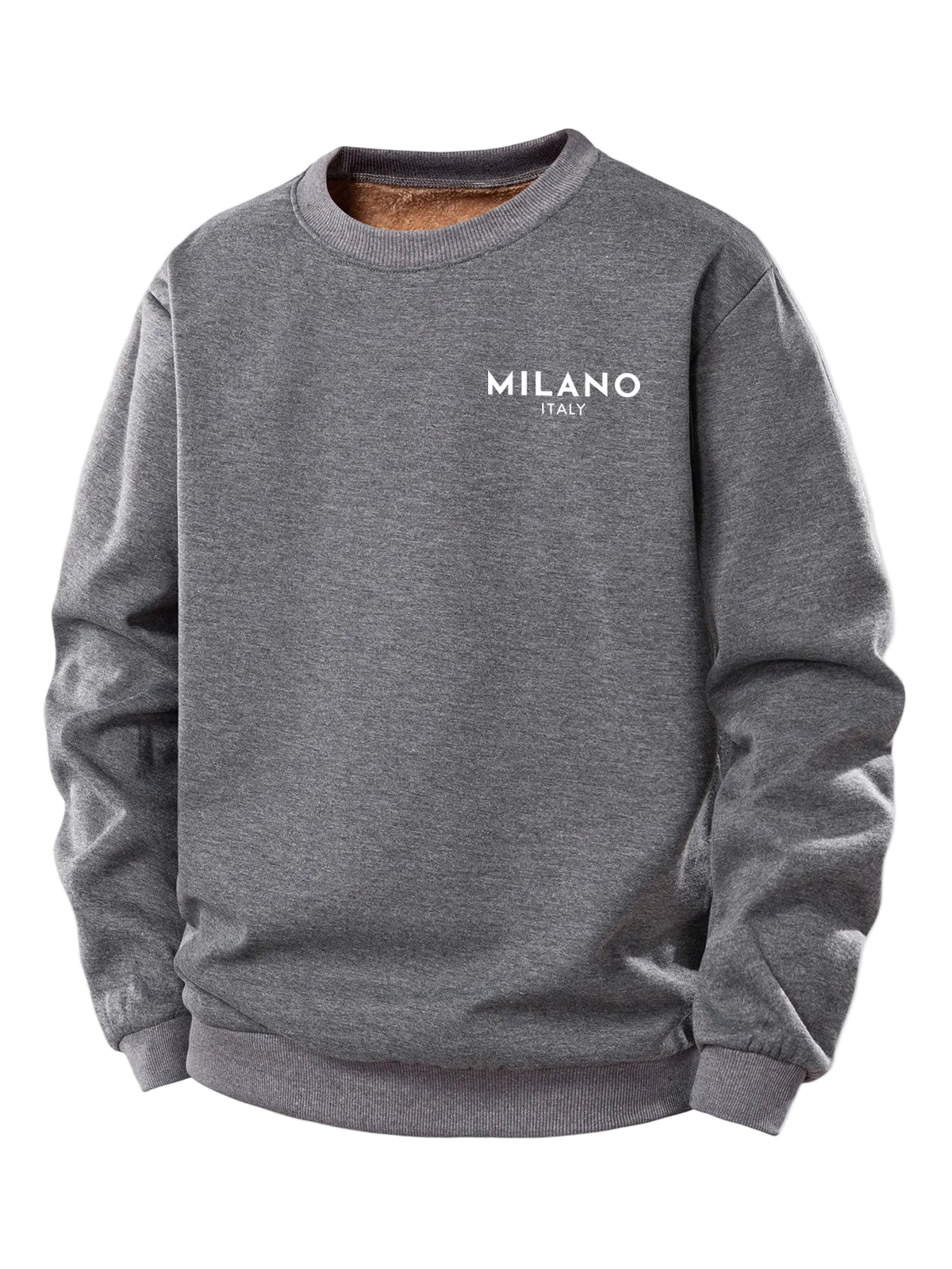 Męska bluza z nadrukiem Milano i podszewką z pluszu teddy – regularny krój, okrągły dekolt, ciepły casualowy pulower na jesień i zimę