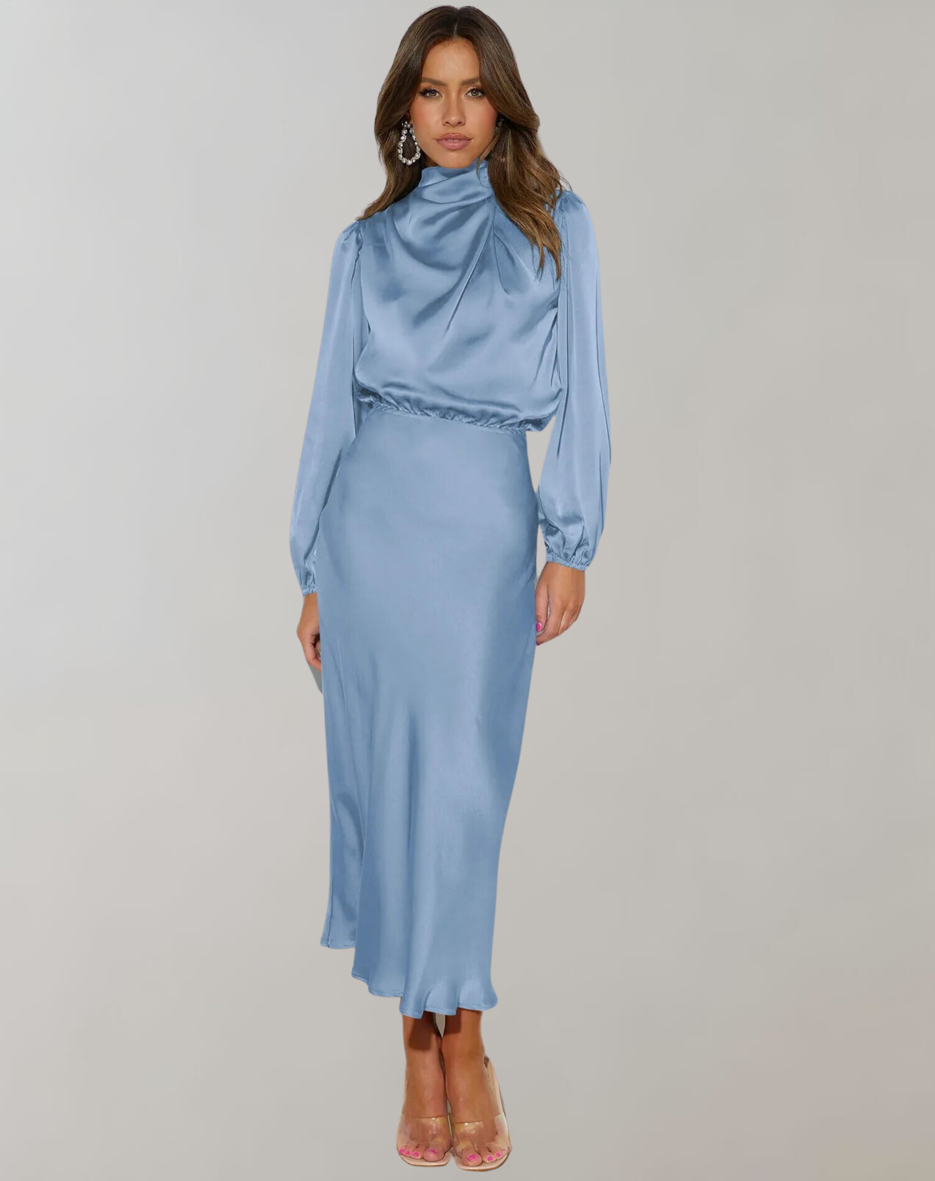 Rochie midi din satin pentru femei, cu guler înalt și mâneci lungi