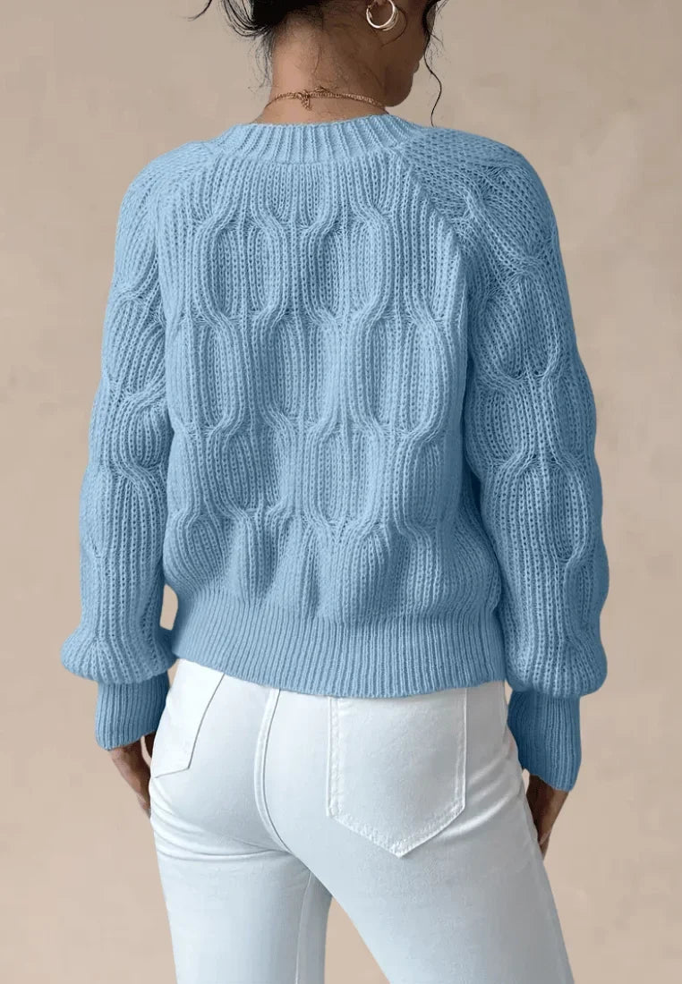 Cardigan tricotat cu torsade pentru femei, cu funde decorative și decolteu în V - strat scurt, lejer, cu nasturi în față și mâneci lungi, pentru un stil romantic de zi cu zi