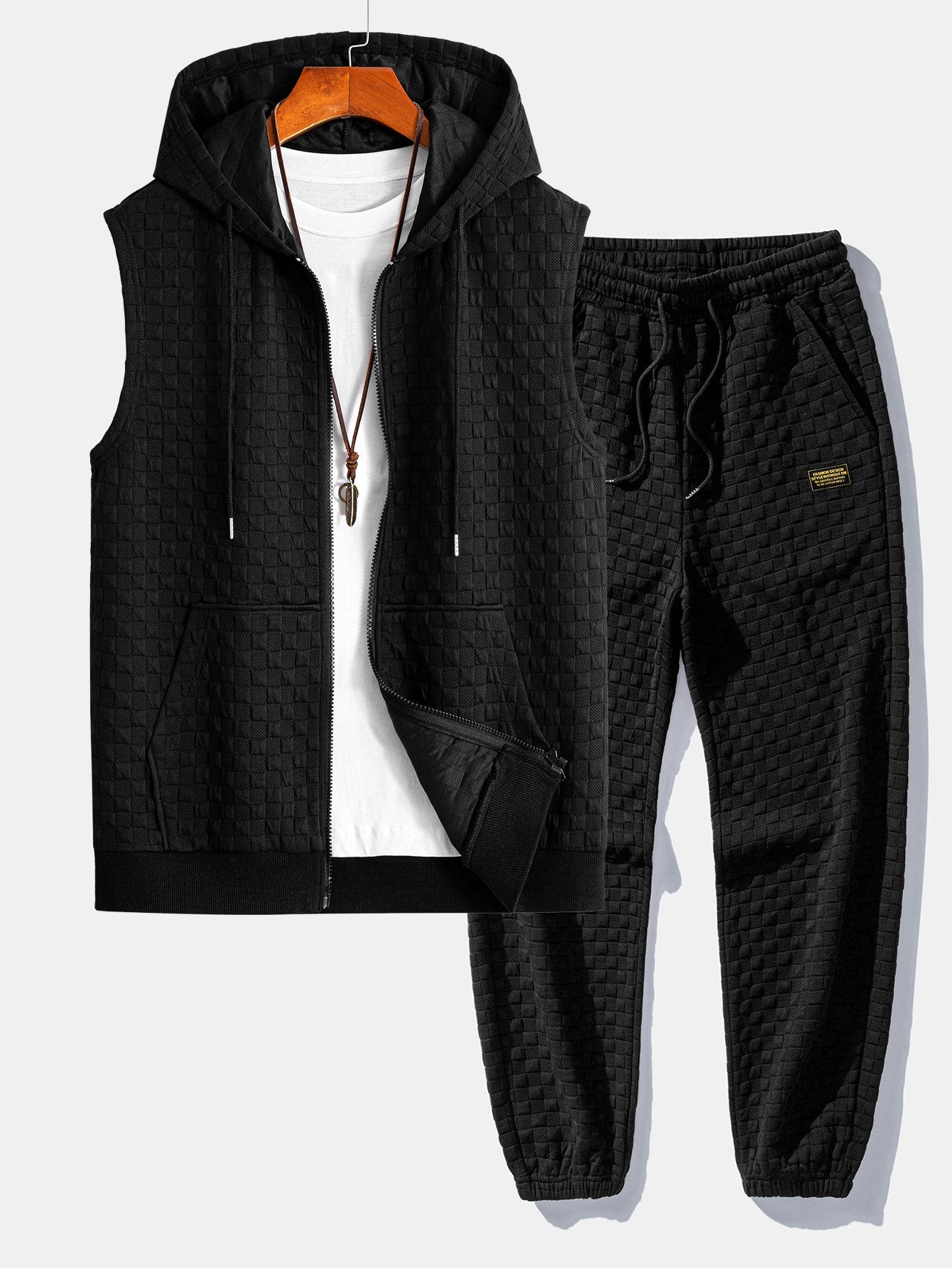 Men’s Sleeveless Hooded Vest Tracksuit – Textured Jogger Co-Ord for Streetwear