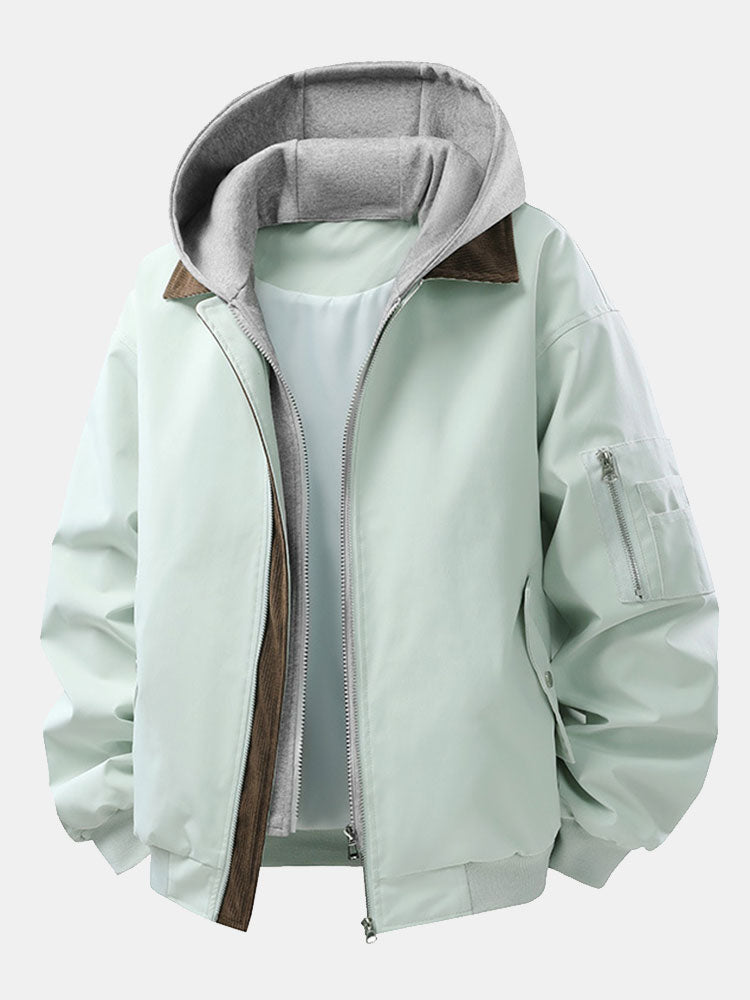 Chaqueta bomber para hombre de corte holgado con capucha desmontable: prenda informal con cuello de pana en contraste y cremallera para primavera y otoño