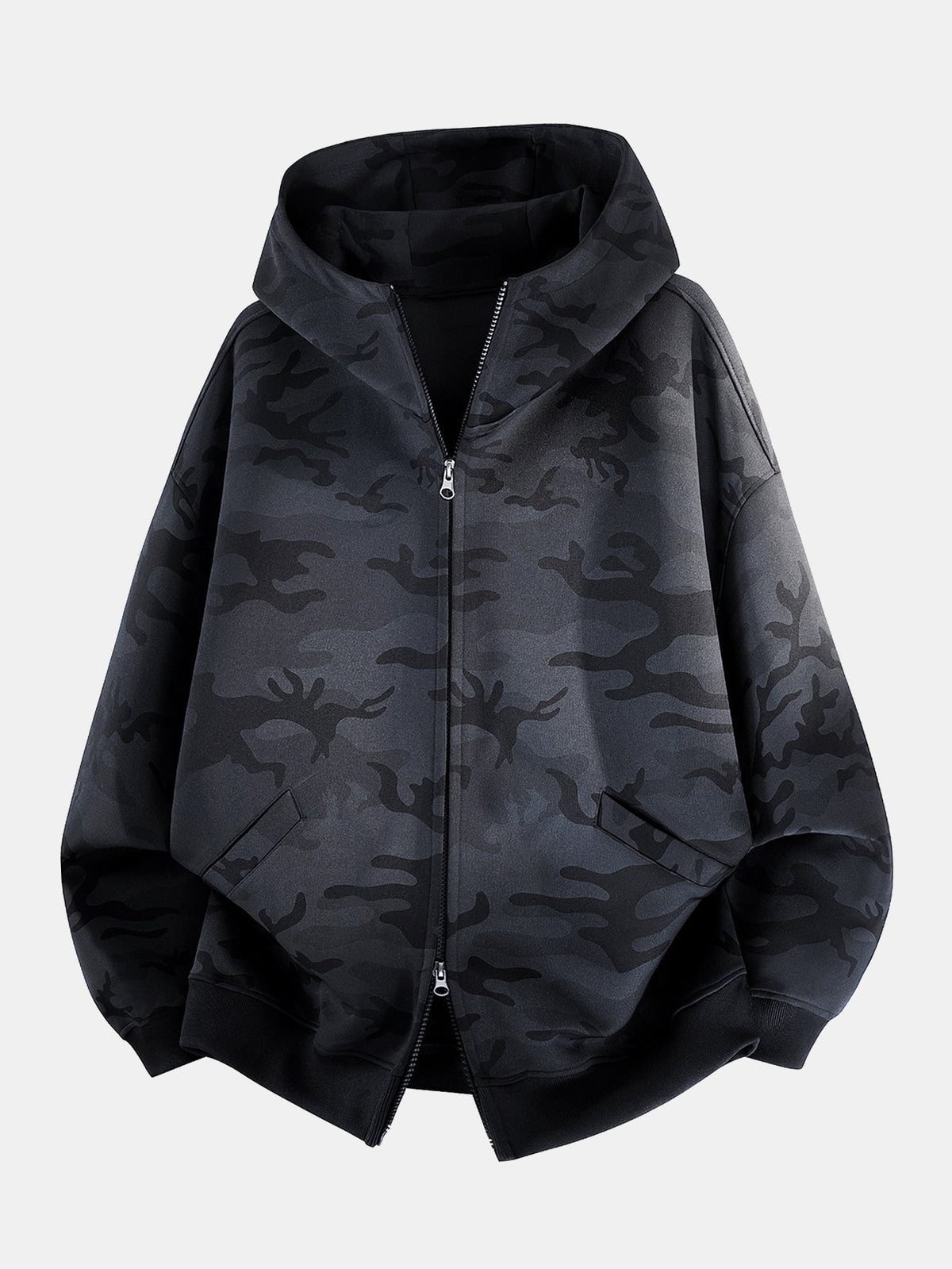 Pánská oversized mikina s kapucí a maskáčovým vzorem na zip - volná mikina s kapucí a spadlými rameny pro ležérní streetwear