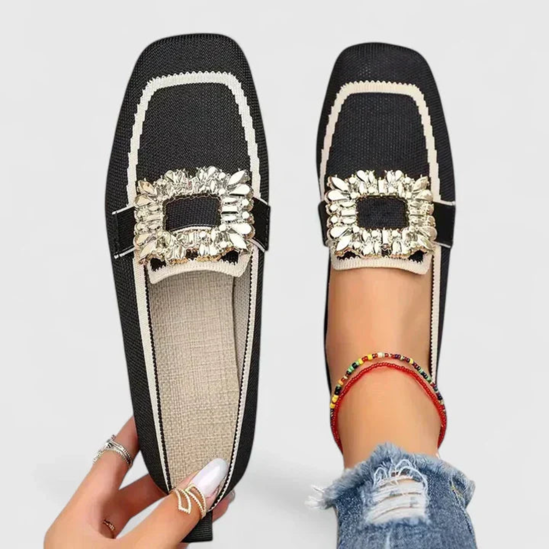 Women’s Crystal Buckle Loafers – Embellished Slip-On Flats for Smart Casual Wear