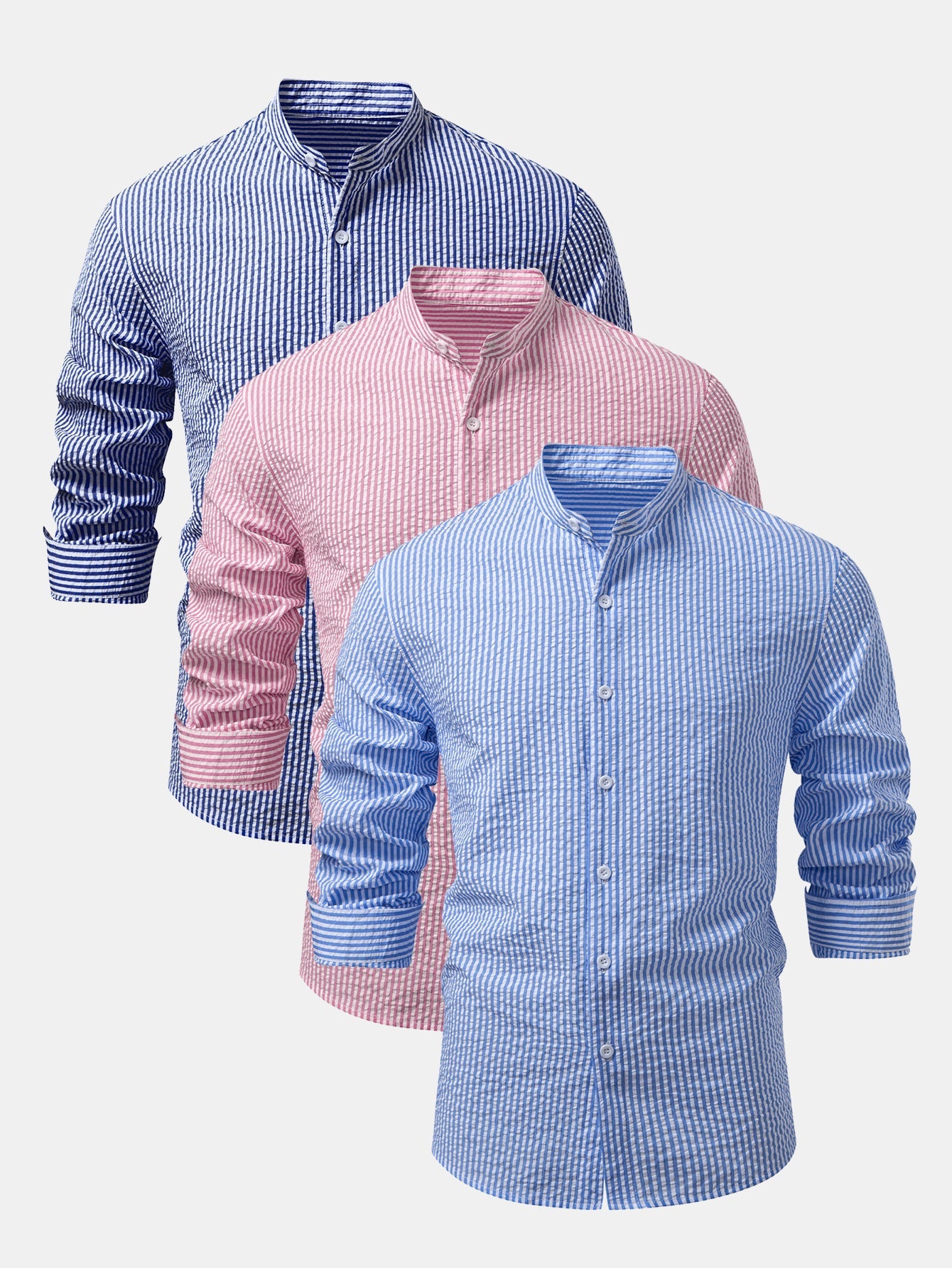 Men’s Stand Collar Seersucker Shirt Multipack – Three Regular-Fit Everyday Layers