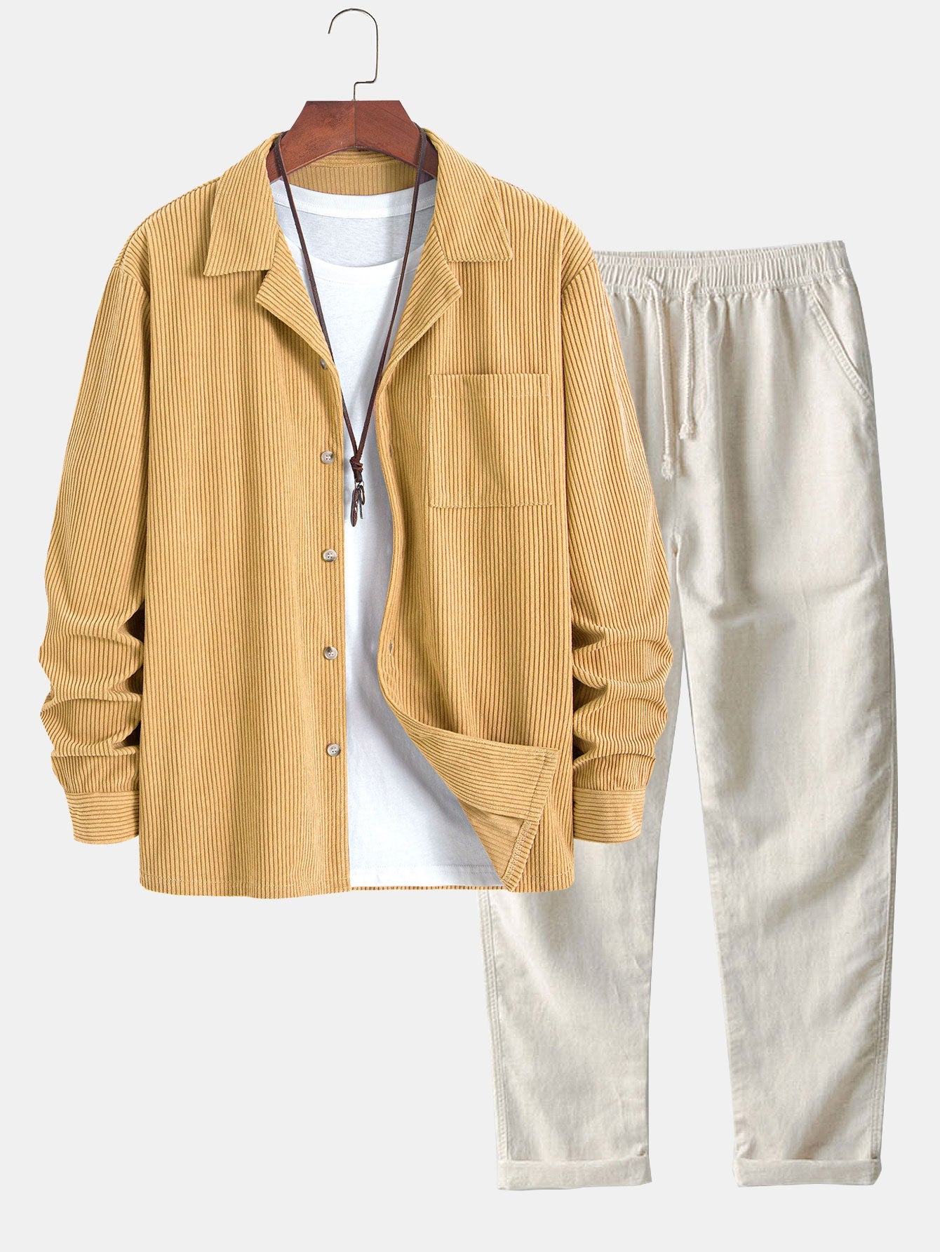 Men’s Corduroy Cuban Collar Shirt and Linen Blend Trousers – Relaxed Transitional Outfit