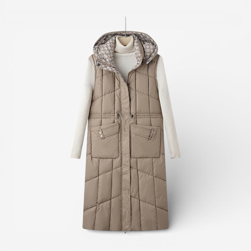 Lang, omkeerbaar gewatteerd damesgilet met capuchon en verstelbare taille - warme mouwloze gewatteerde bodywarmer voor herfst en winter