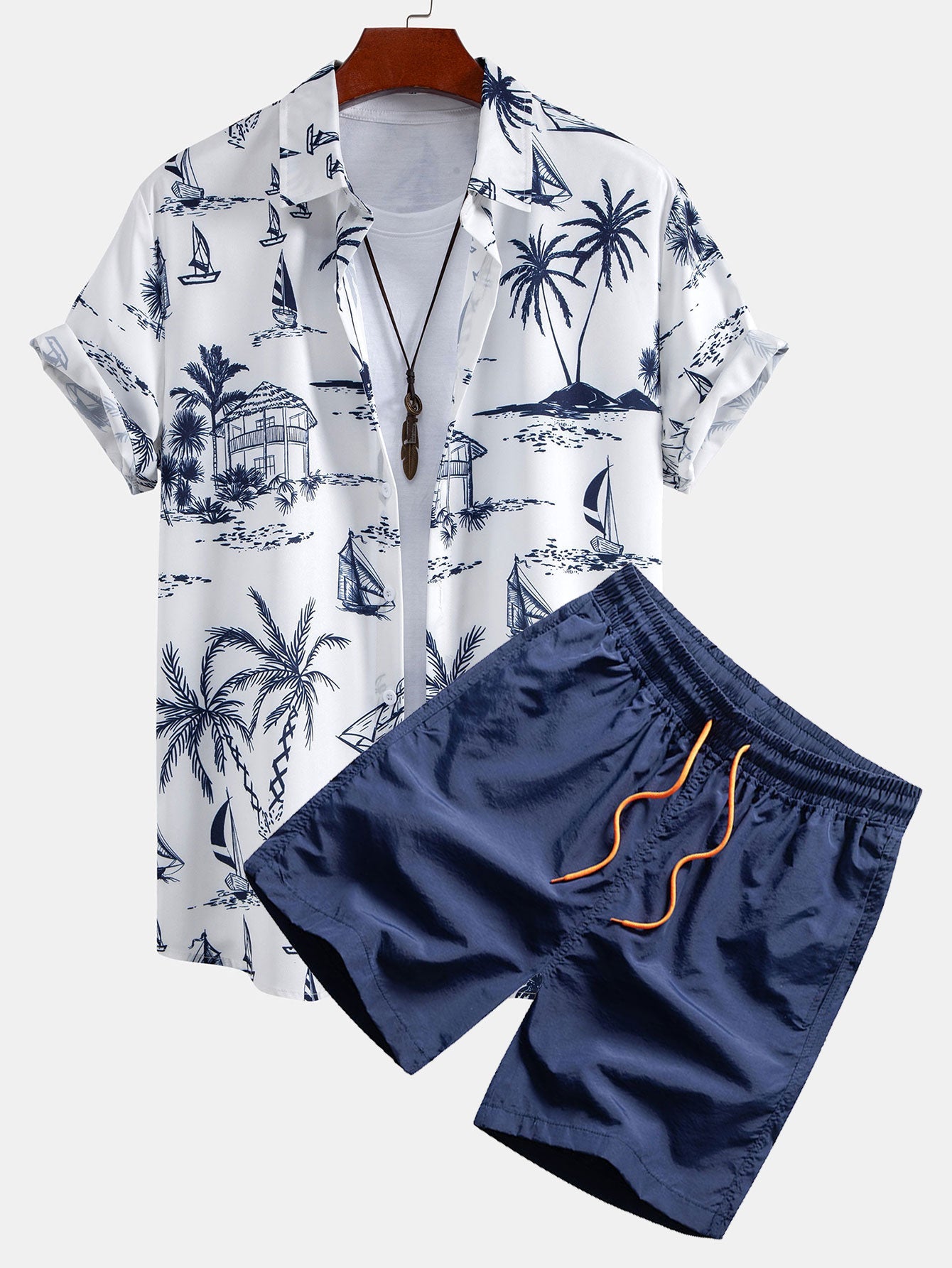 Men’s Palm Print Shirt and Black Swim Shorts Summer Set