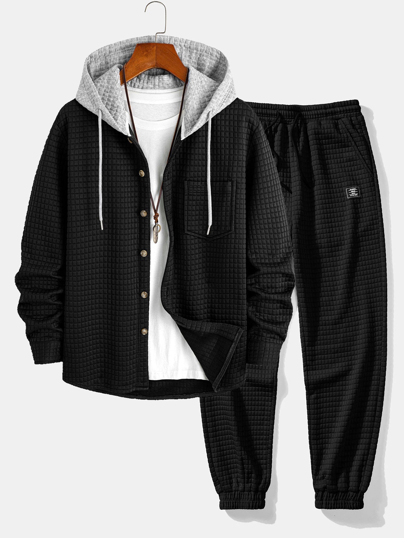 Completo da uomo con camicia con cappuccio in waffle e jogger – Abbigliamento casual testurizzato da weekend