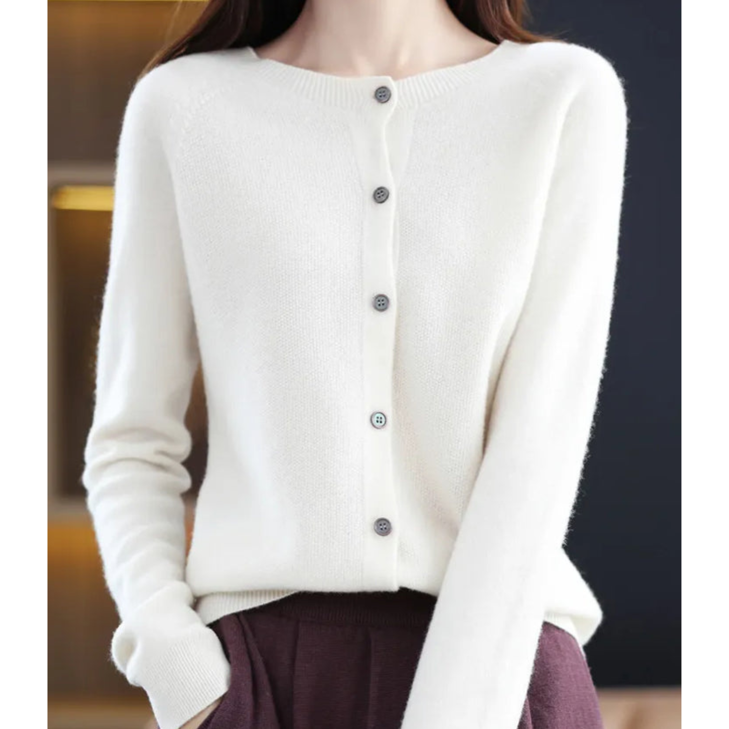 Luxury Merino Wool & Cashmere Cardigan for Women – Elegant O-Neck Winter Knit