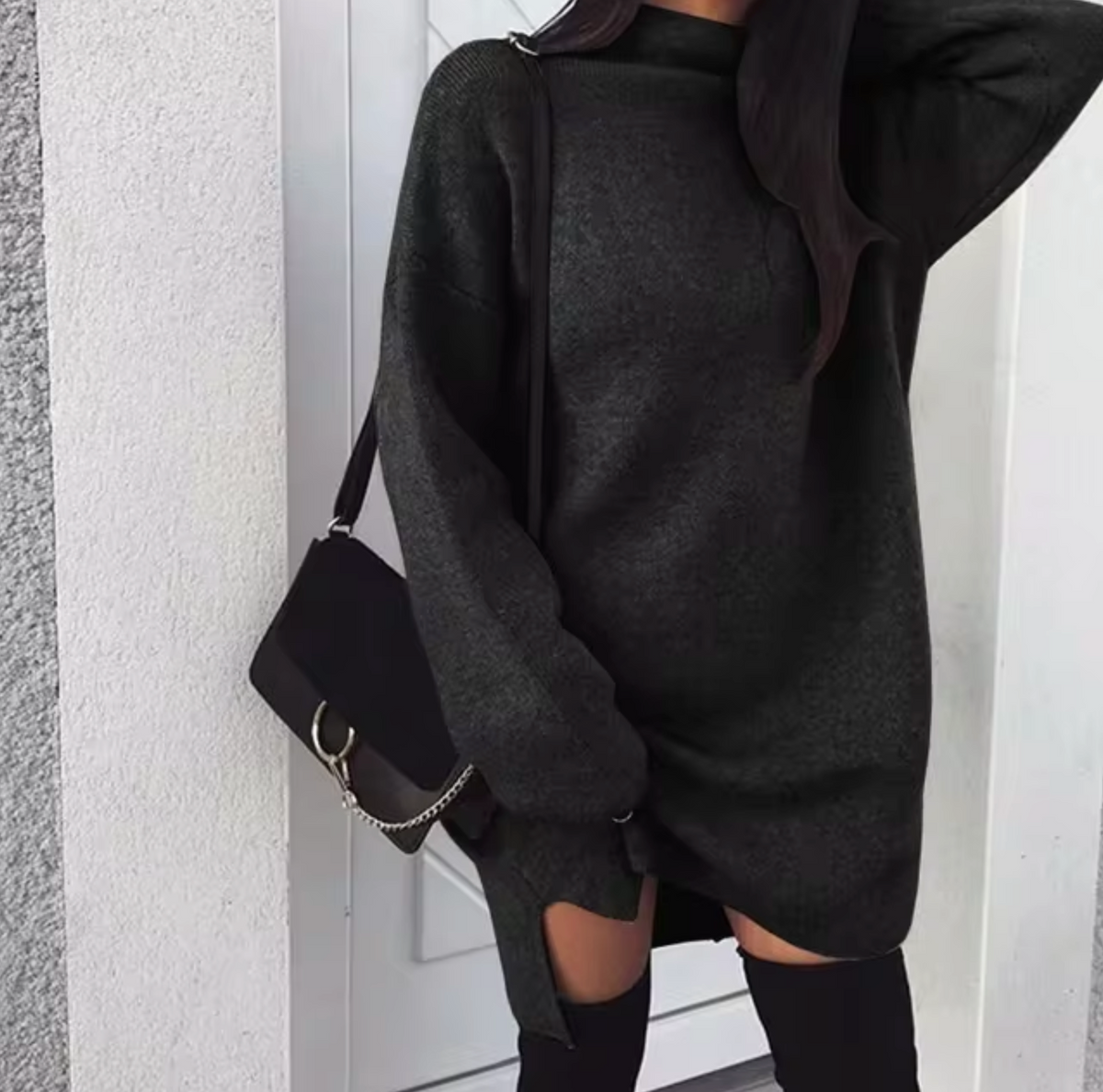 Dámské oversized svetrové šaty ze směsi vlny a kašmíru - měkké pletené mini šaty s dlouhými rukávy a stojáčkem na podzim a zimu