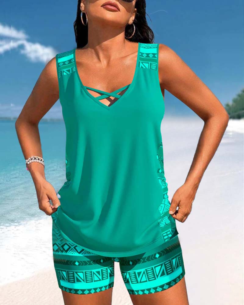 Γυναικείο Μαγιό Tankini με Σταυρωτό Λαιμό και Σχέδιο, Δίκομμα