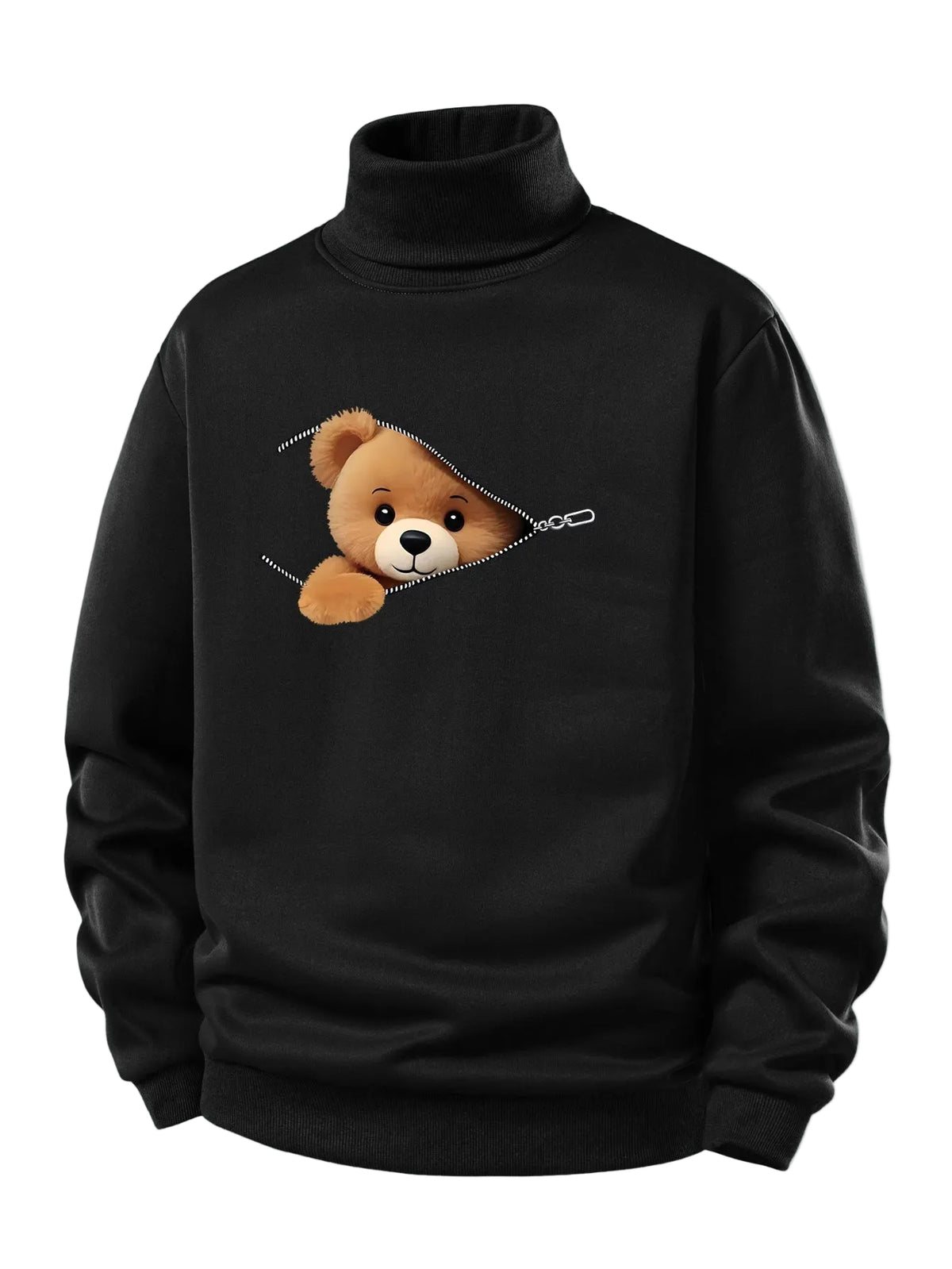 Bluză sport pentru bărbați cu interior căptușit cu fleece pufos, guler înalt rulat și imprimeu cu ursuleț cu fermoar - croială normală, călduroasă, stil casual, pentru toamnă și iarnă
