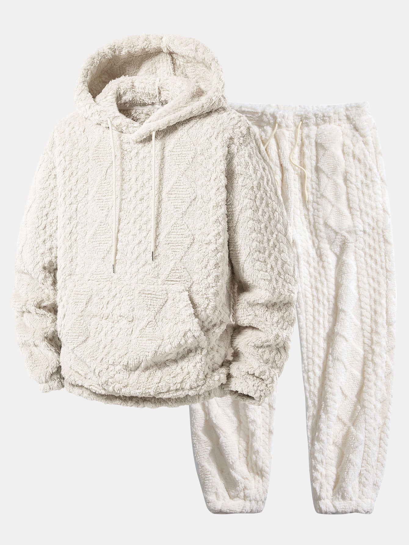 Ensemble de survêtement texturé en tissu pelucheux pour homme – sweat à capuche décontracté et pantalon de jogging pour les week-ends d’hiver