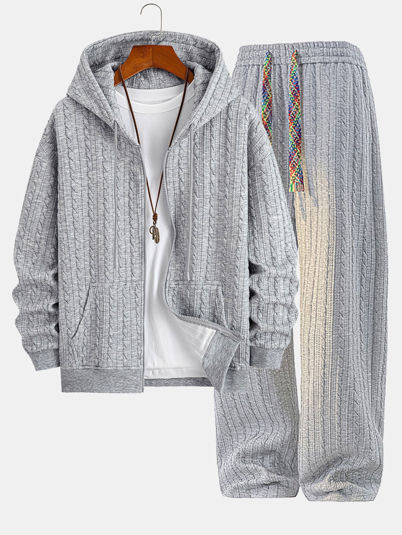 Men’s Textured Zip Hoodie Tracksuit – Jacquard Straight-Leg Set for Cold-Weather Casual Wear