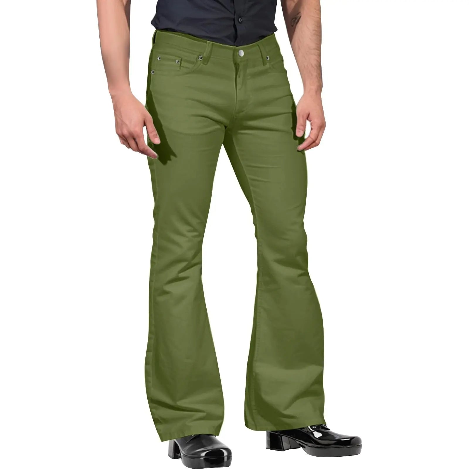 Pantalones retro para hombre de pierna acampanada color caqui, corte entallado