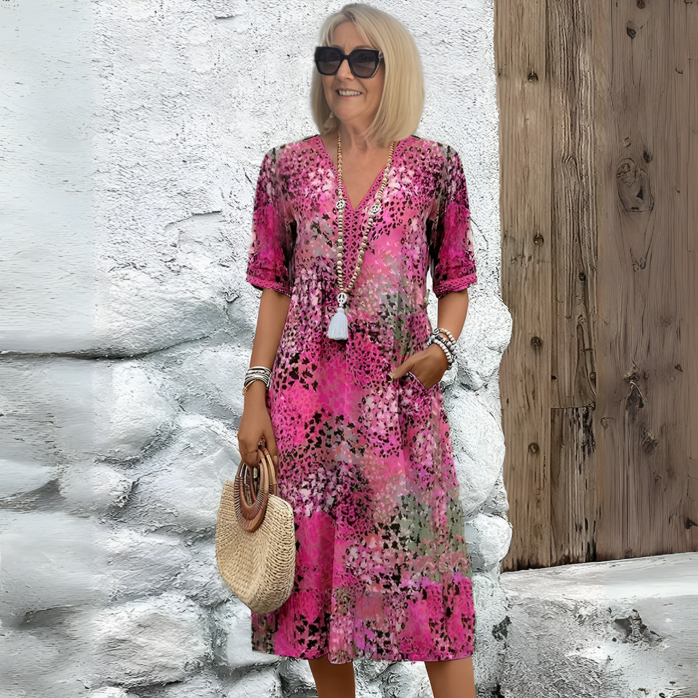 Vestido midi estampado para mujer con escote en V y corte relajado