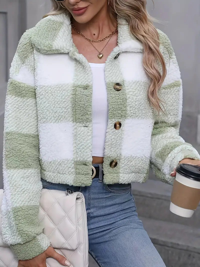 Women’s Checked Teddy Fleece Jacket – Soft Button-Front Winter Layer with Wide Collar for Cosy Everyday Styling