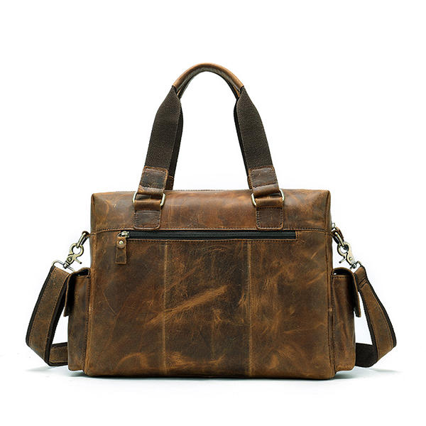 Men’s Vintage Leather Briefcase – Multi-Pocket Business Handbag with Detachable Shoulder Strap
