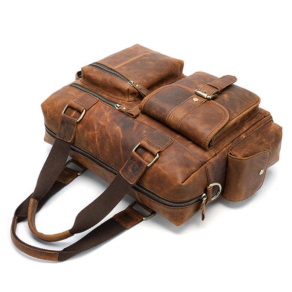 Men’s Vintage Leather Briefcase – Multi-Pocket Business Handbag with Detachable Shoulder Strap