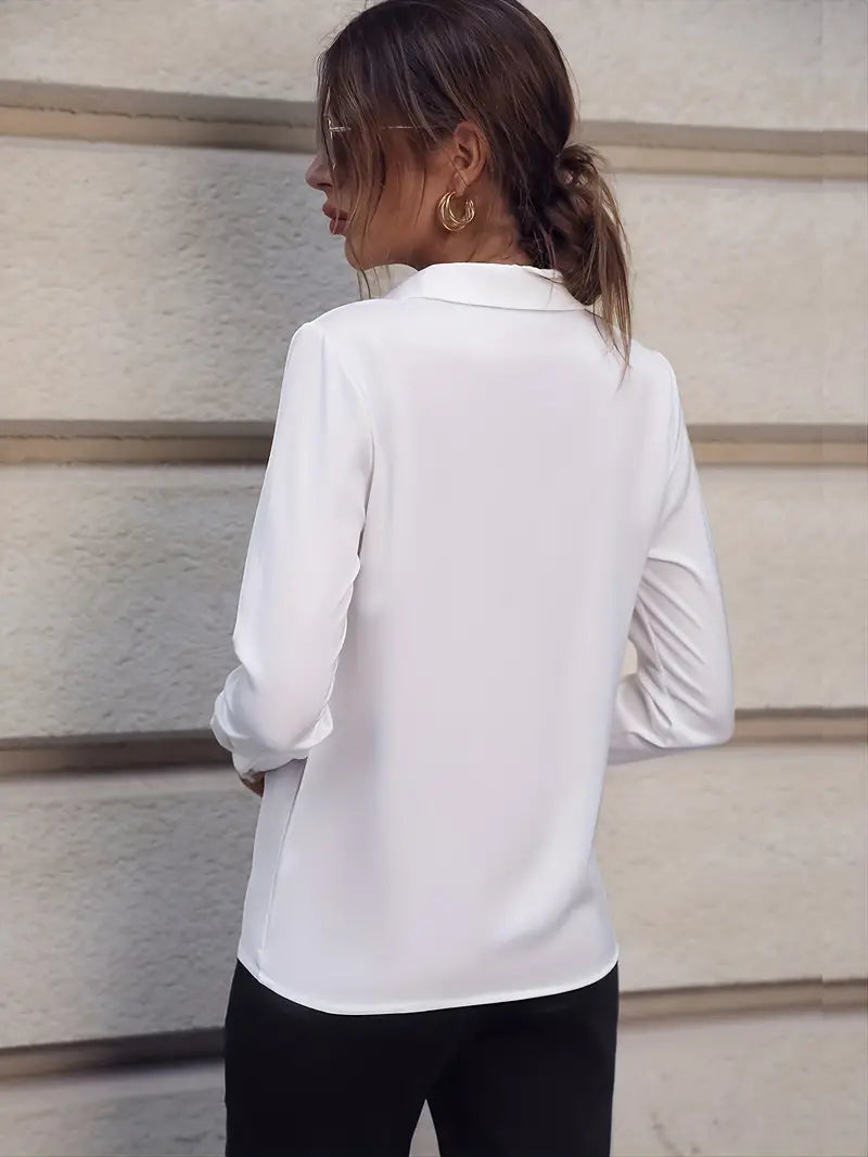 Camicetta da donna con collo e scollo a V – Stile raffinato a maniche lunghe per l’ufficio e il tempo libero elegante