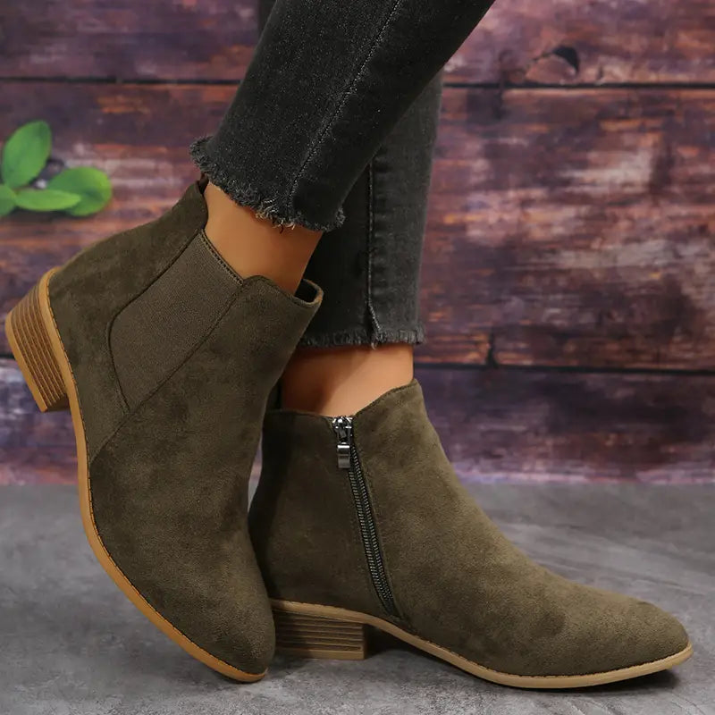Women’s Suede-Look Ankle Boots – Side-Zip Low Block-Heel Boots for Everyday Autumn and Casual City Wear