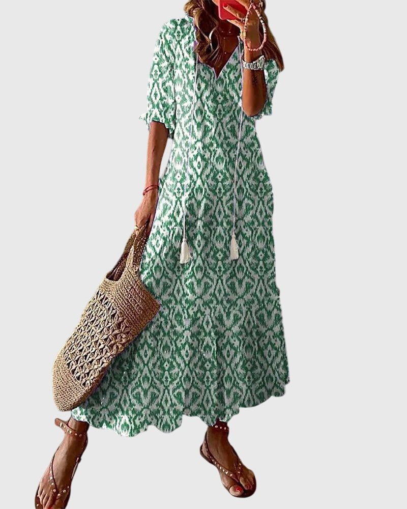 Women’s Printed Boho Maxi Dress – Relaxed V-Neck Summer Style for Holidays and Casual Occasions