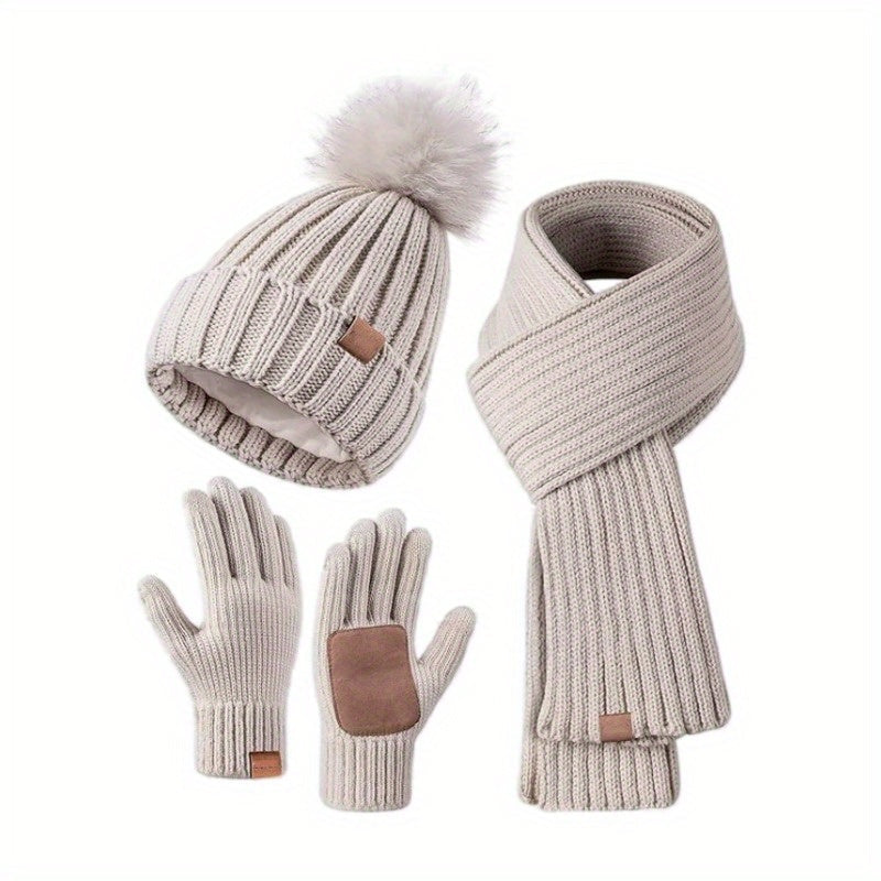 Conjunto de accesorios de invierno tejidos para mujer: gorro, bufanda y guantes compatibles con pantallas táctiles