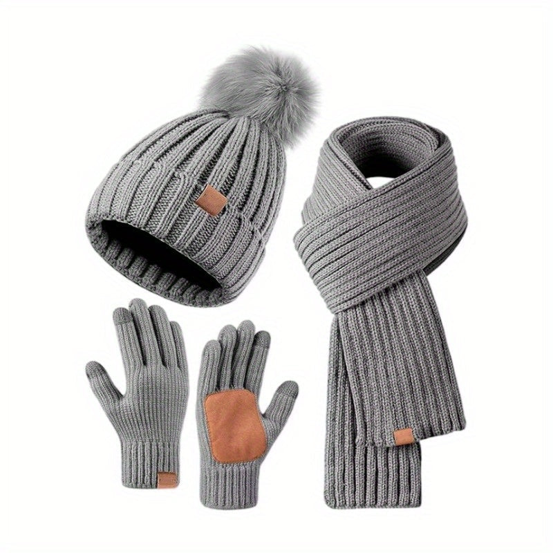 Conjunto de accesorios de invierno tejidos para mujer: gorro, bufanda y guantes compatibles con pantallas táctiles