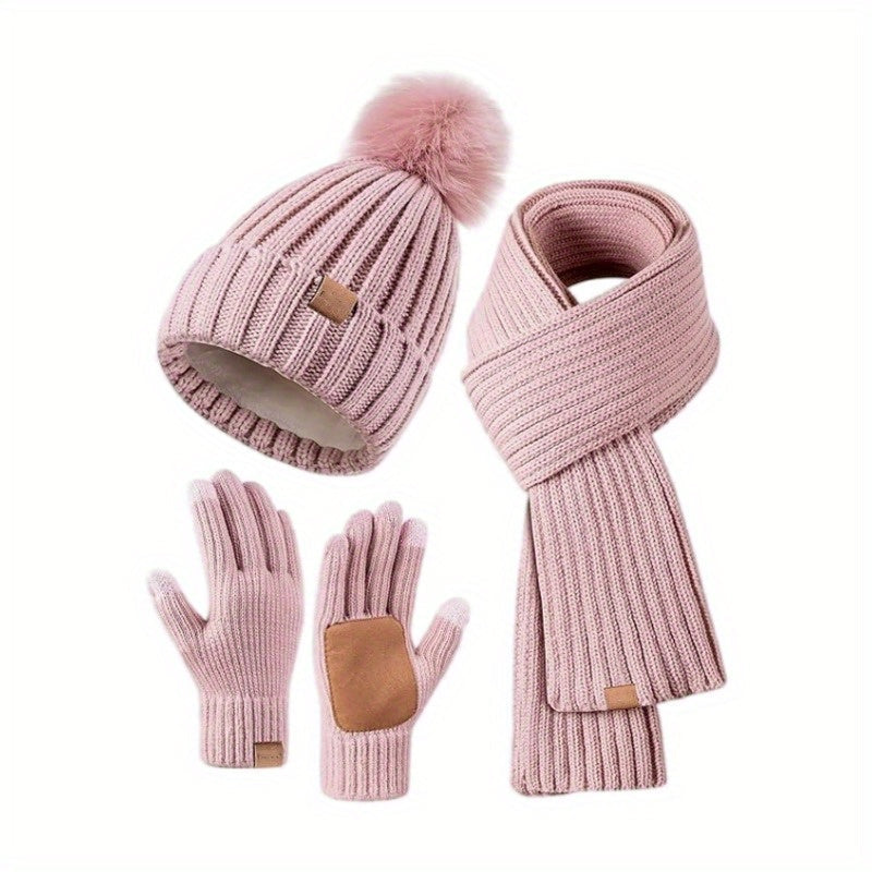 Conjunto de accesorios de invierno tejidos para mujer: gorro, bufanda y guantes compatibles con pantallas táctiles