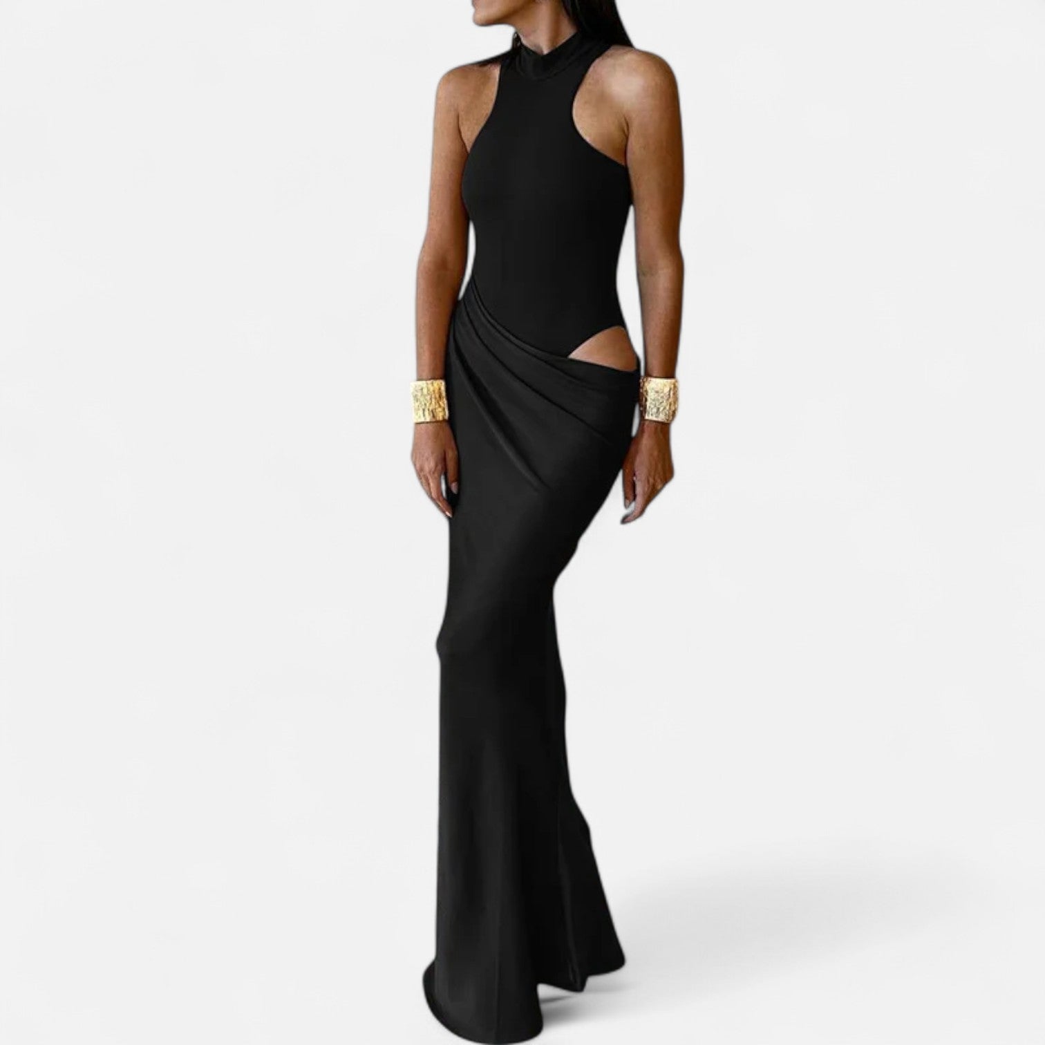 Damen-Maxikleid mit Neckholder und Cut-outs – gerafftes Abendkleid für Galas und Partys