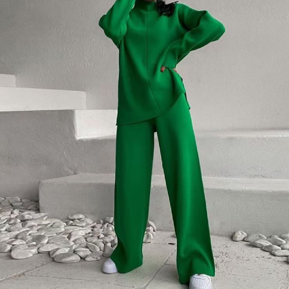 Dameszachte gebreide tweedelige loungewearset – Ontspannen coltrui en wijde broek voor herfst en winter