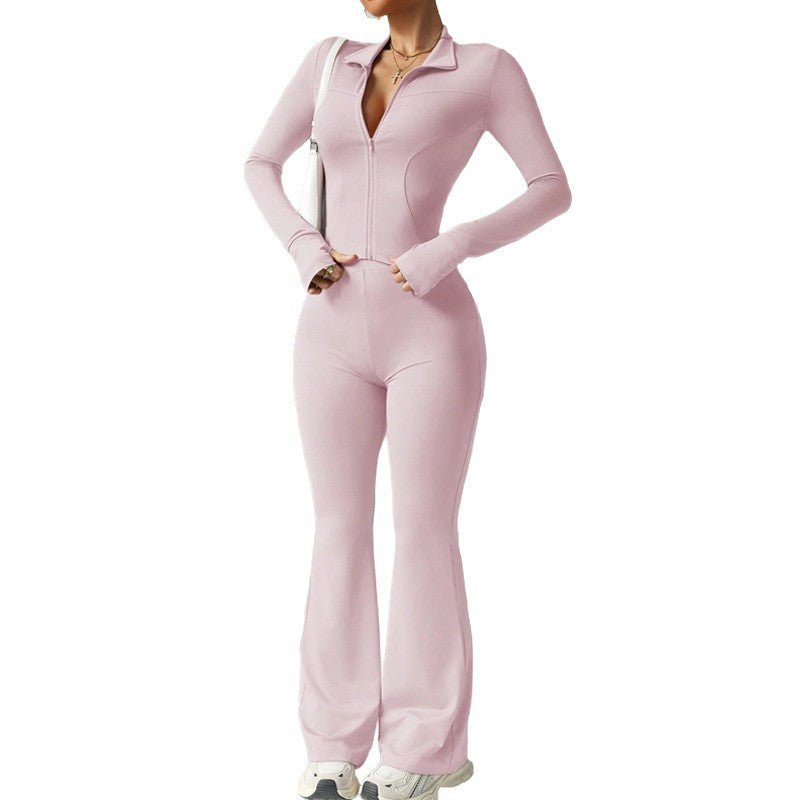 Conjunto deportivo para mujer con cremallera frontal y pantalón acampanado