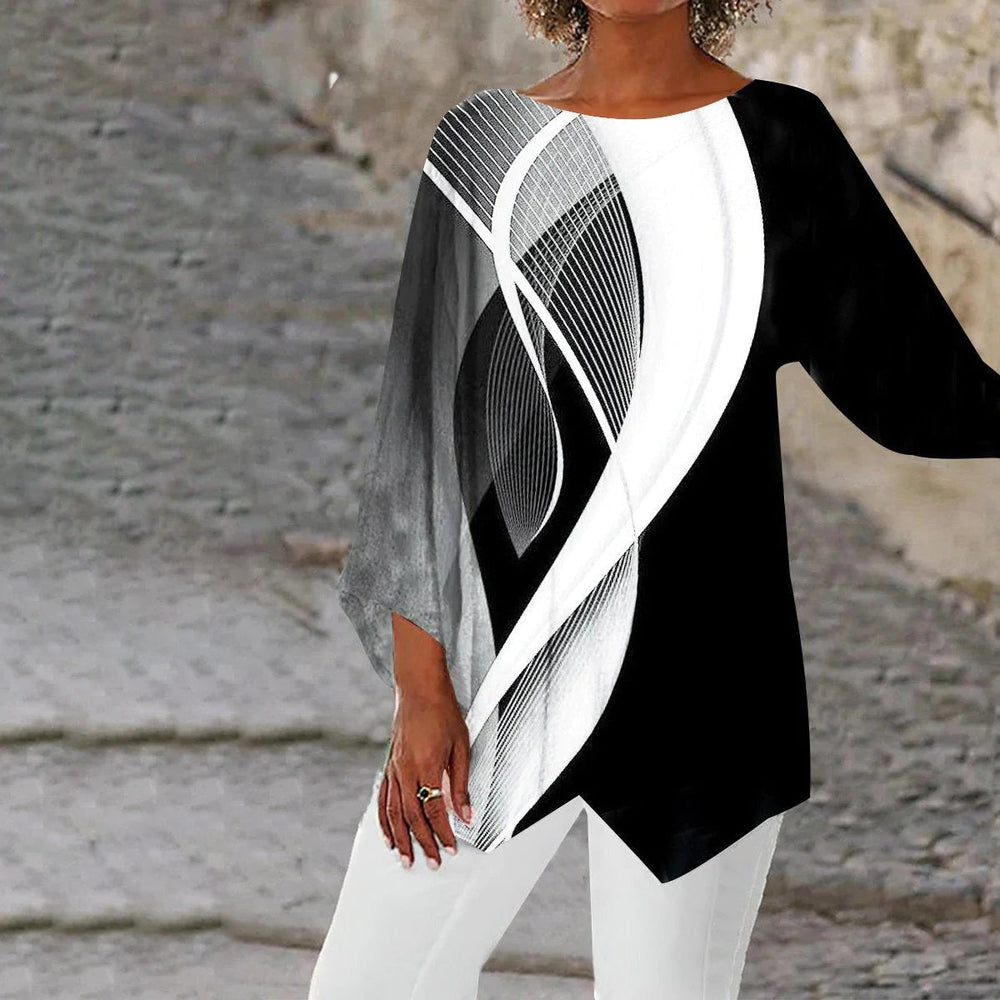 Women’s Printed Asymmetric Long-Sleeve Tunic Top – Relaxed Statement Layer for Smart Casual Everyday Office and Evening Wear