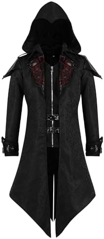 Men’s Hooded Gothic Steampunk Tailcoat with Buckle Details – Long Victorian-Inspired Coat for Halloween and Themed Events